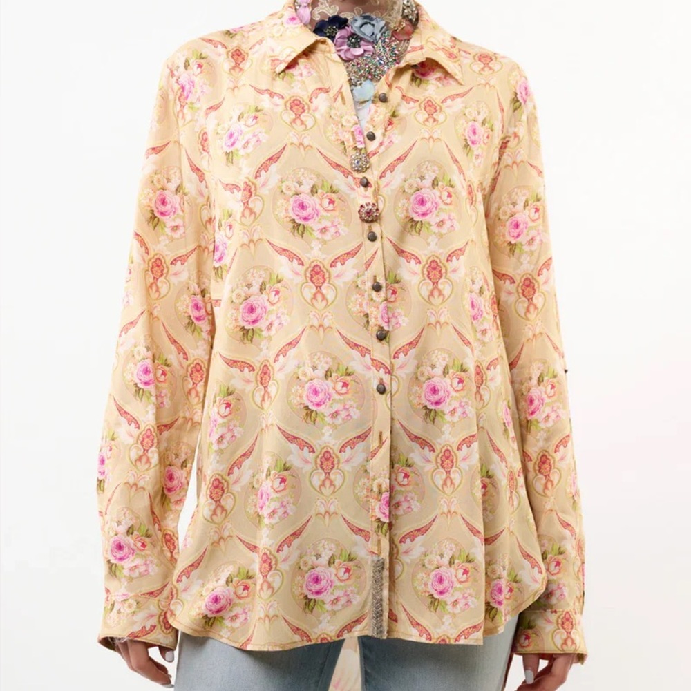 Aratta Gem Embellished Floral Button-Down Blouse